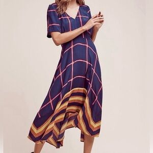 Anthropologie HD in Paris Windowpane Navy and Pink Dress Size 12